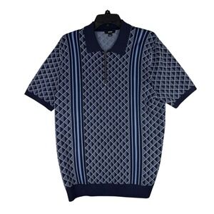 Reiss Sanderson Navy Blue Geometric Knit Quarter Zip Polo Shirt Mens Large
